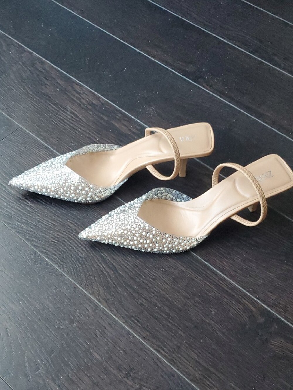 Zara Pearl & Crystal Embellished Pointed Slingback Heels in Ivory
